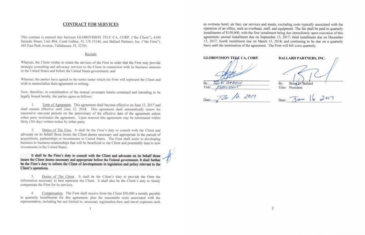 The contract between Ballard Partners and Globovisión’s U.S. subsidiary. (Highlight added.)