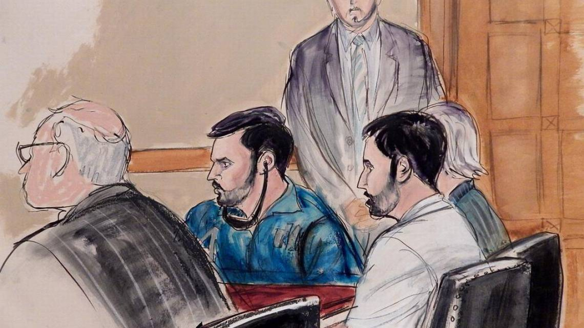 A 2015 courtroom sketch of Franqui Francisco Flores (blue shirt) and Efraín Campo Flores, who were sentenced Thursday in a New York court to 18 years in jail for drug trafficking.