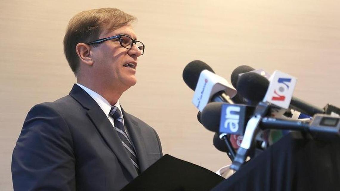 Magistrate Pedro Troconis gives a statement on Monday, Nov. 20, 2017, in Miami, along with other magistrates of the Supreme Court during a news conference regarding crimes against humanity in Venezuela.