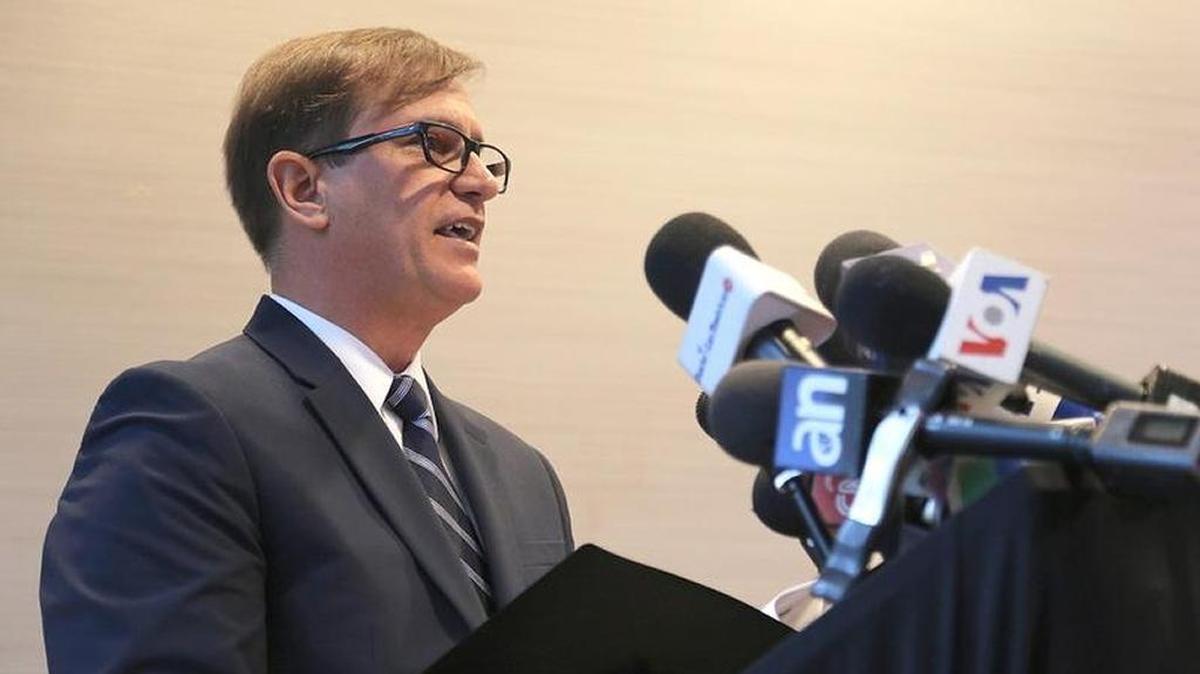 Magistrate Pedro Troconis gives a statement on Monday, Nov. 20, 2017, in Miami, along with other magistrates of the Supreme Court during a news conference regarding crimes against humanity in Venezuela.