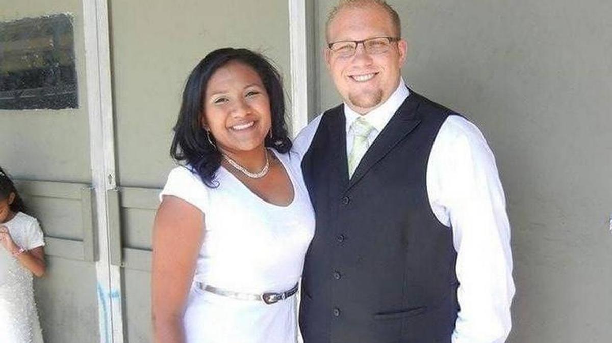Holt and Caleño on their wedding day — just days before they were arrested in Venezuela on weapons charges.