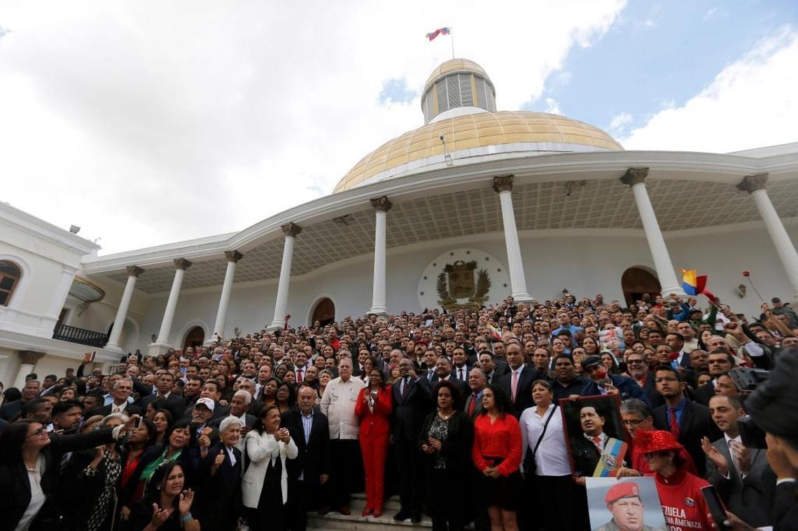 Venezuela’s new constituent assembly poses for an official photo after being sworn in Friday.