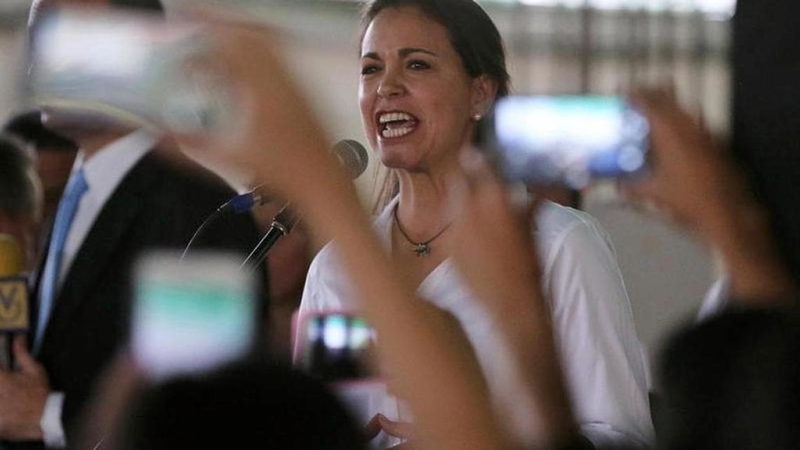 Opposition leader María Corina Machado addresses a rally in Caracas, Venezuela, Monday, Sept. 26, 2016.