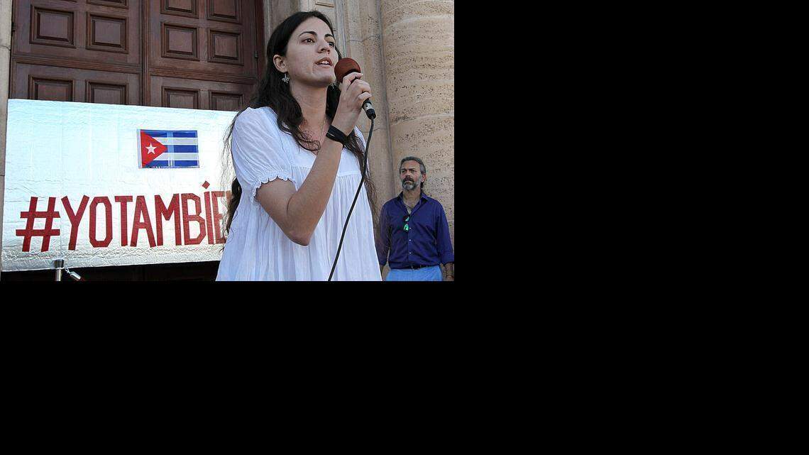 
Speaking out: Rosa Maria Paya, daughter of Cuban political dissident Oswaldo Paya Sardiñas, takes her turn during an open mike performance rally at the Freedom Tower in Miami.
