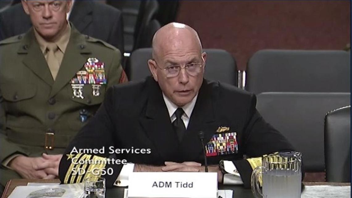 Navy Adm. Kurt W. Tidd testifying at the Senate Armed Services Committee on Thursday, April 6, 2017