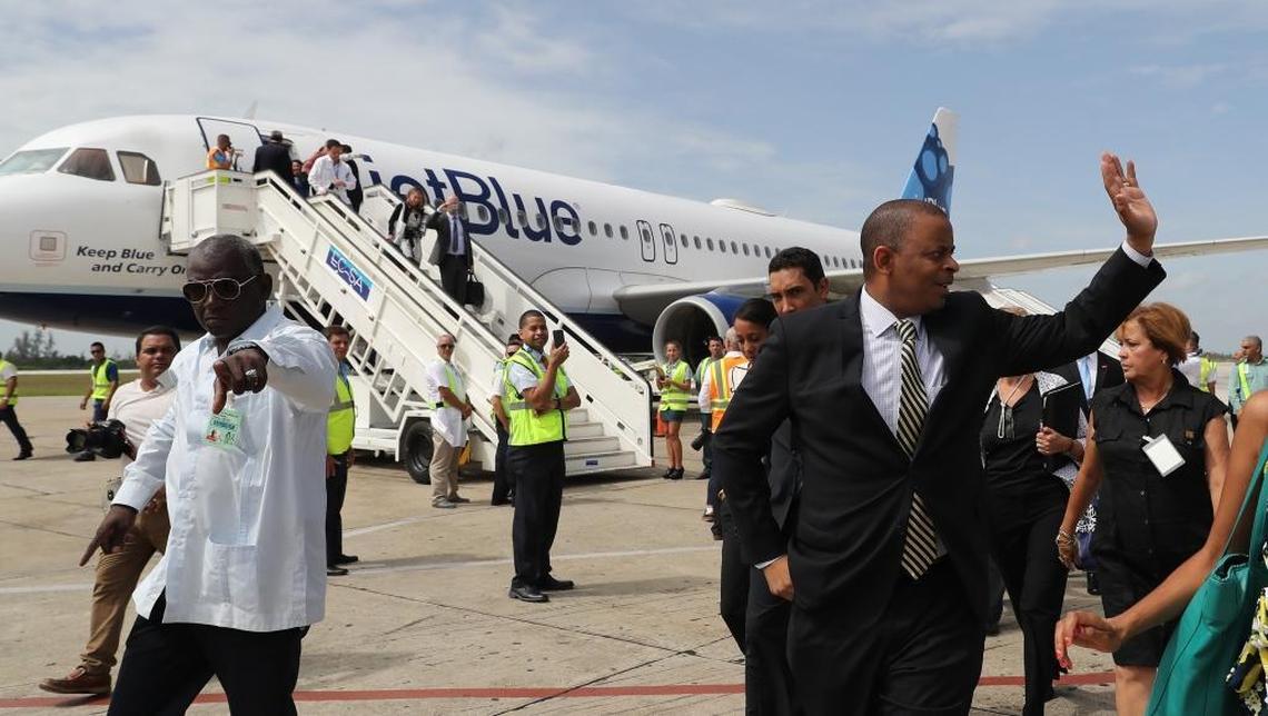 Former U.S. Transportation Secretary Anthony Foxx after deplaning JetBlue flight 387 at the airport in Santa Clara, Cuba, on Aug. 31, 2016. Its arrival opened a new era of regularly scheduled commercial flights between the U.S. and Cuba.