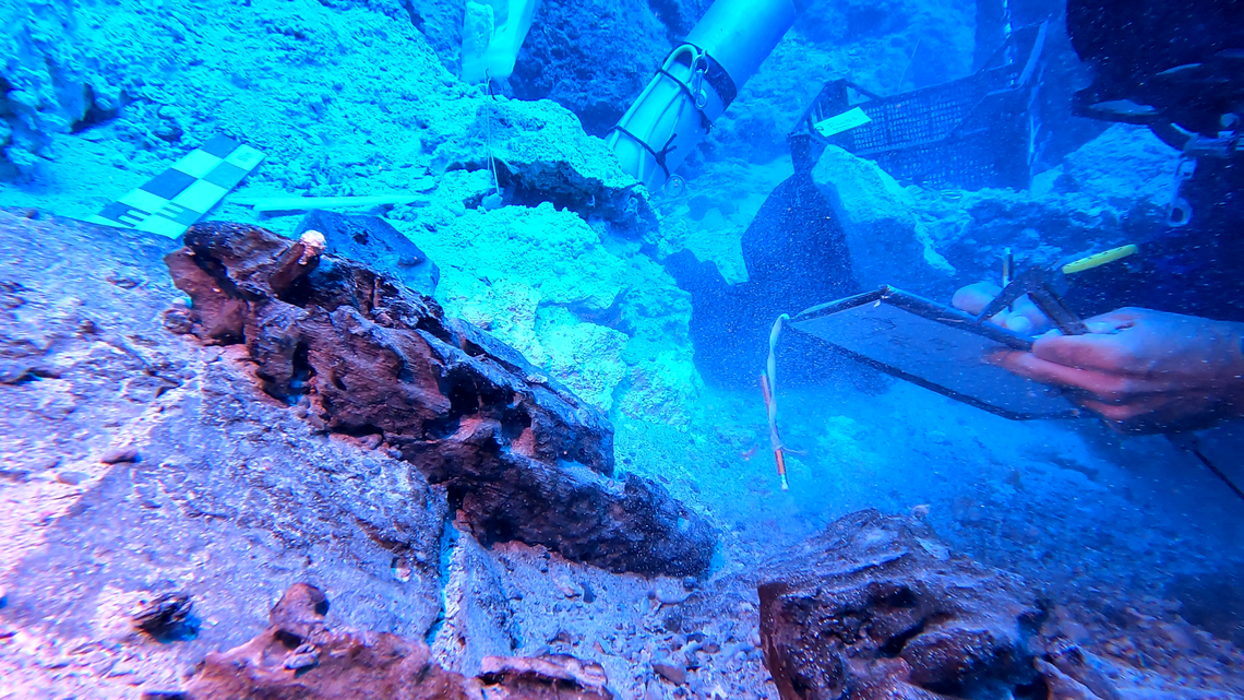 The wooden ship’s hull found at Area B of the Antikythera wreck site.