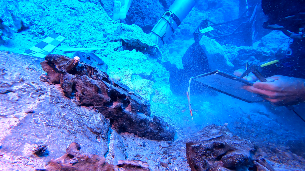 The wooden ship’s hull found at Area B of the Antikythera wreck site.