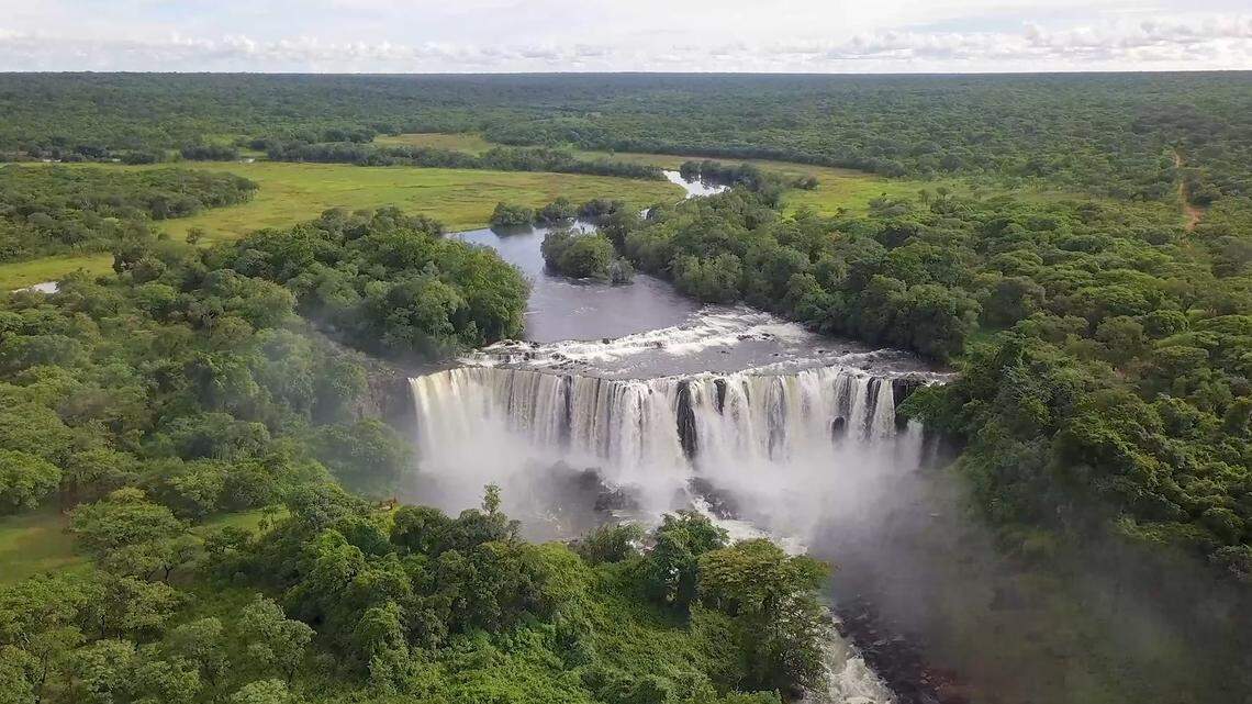 Scientists found “banded” animals in the Luongo and Kalungwishi rivers and discovered a new species, a study said. Photo shows a nearby waterfall.