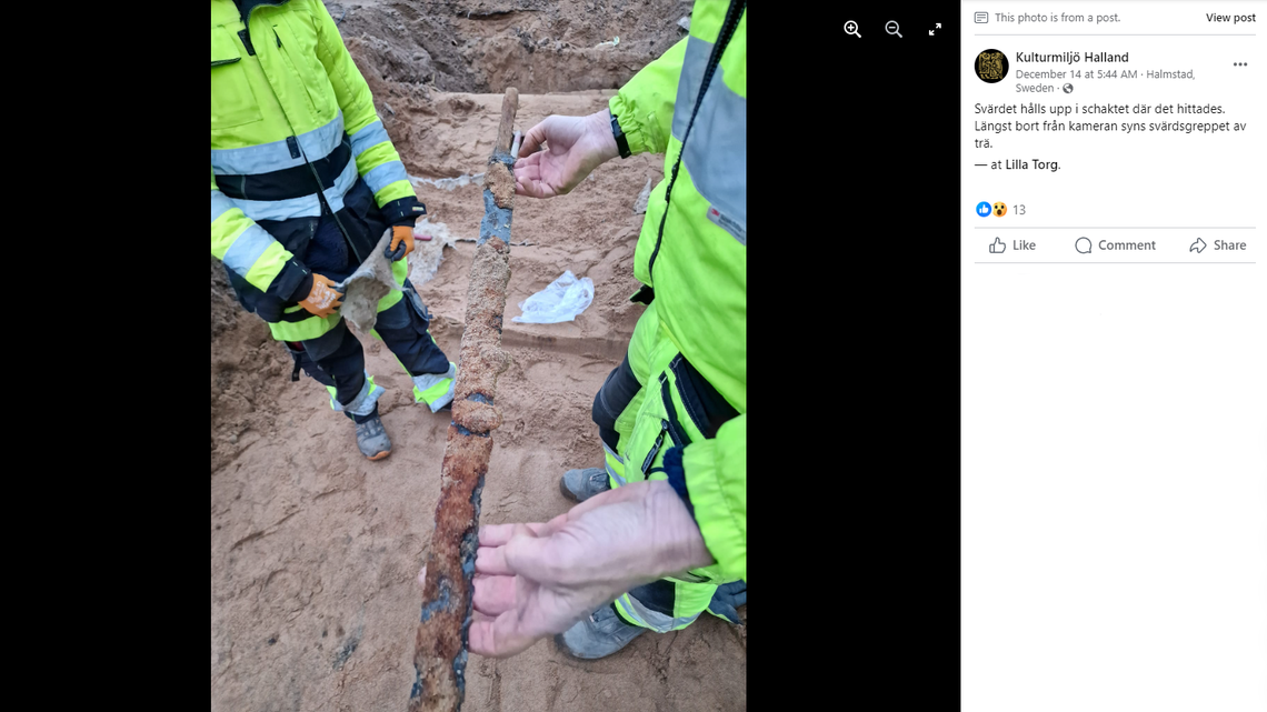 Archaeologists excavating a town square in Halmstad found an at least 500-year-old grave with a huge, well-preserved weapon, photos show.