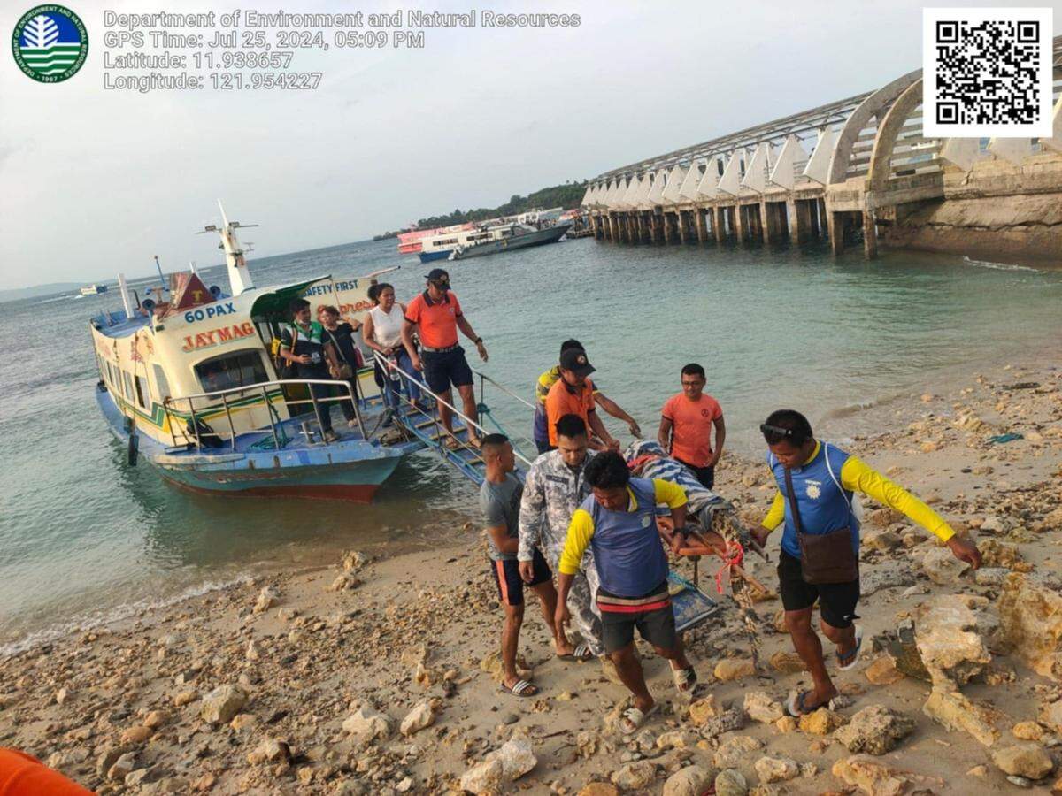 A group carries the 8-foot-long crocodile ashore in Boracay.