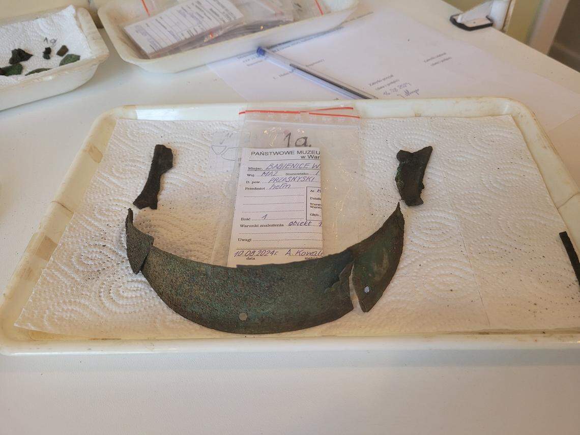 Pieces of the ancient Celtic helmet after being removed.