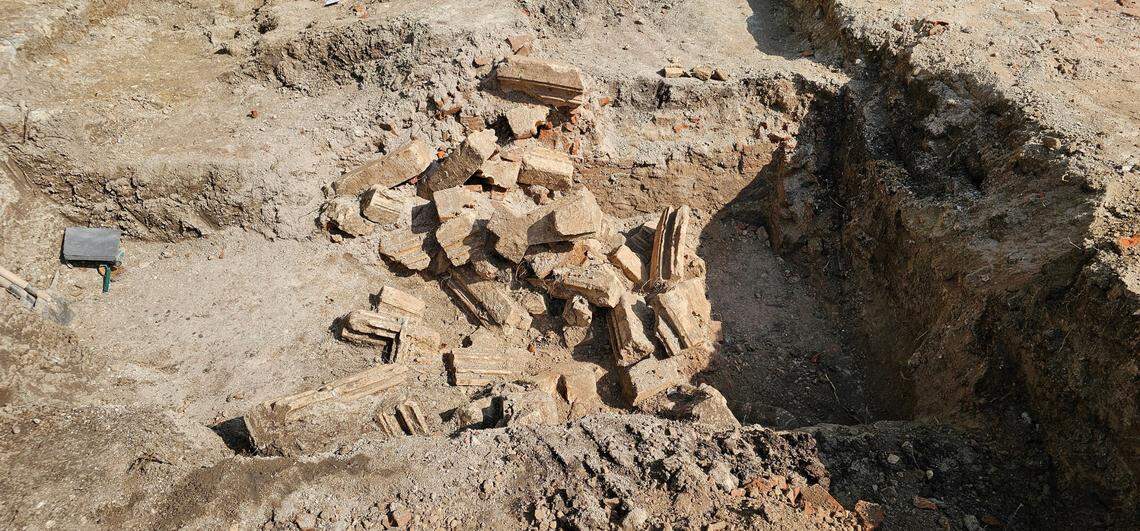 Fragments of the church’s collapsed ceiling as seen during excavations.