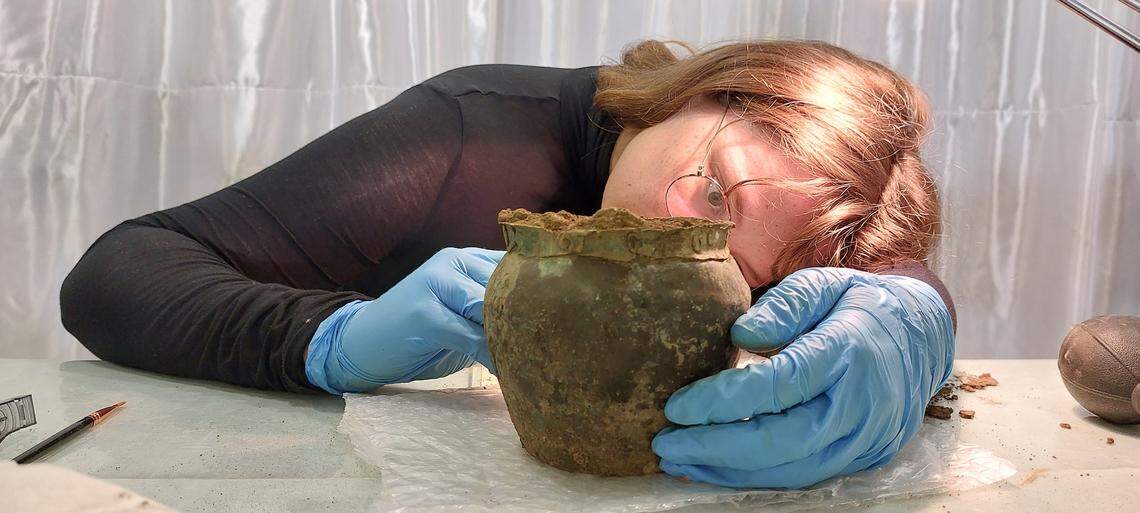 An ancient artifact found at Bisenzio as seen during conservation.