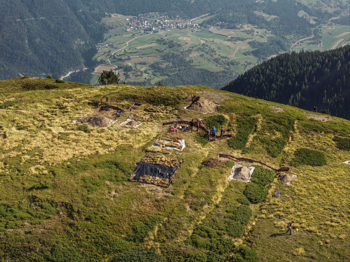 An aerial view of the 2,000-year-old Roman military camp as seen during excavations.