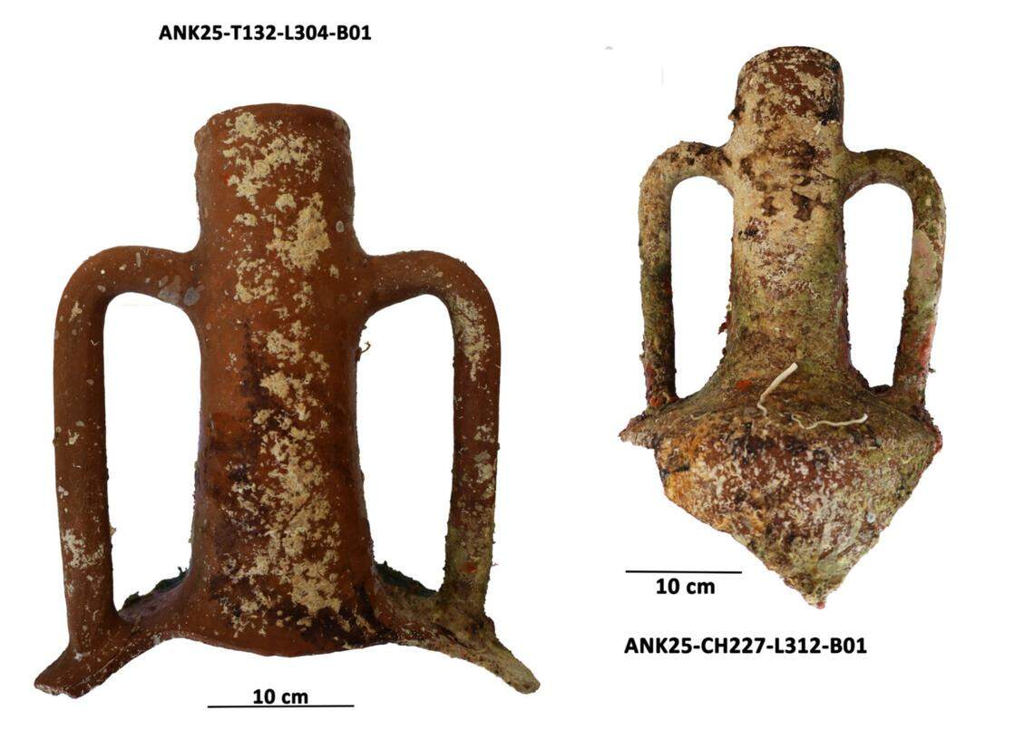 Two amphora pottery fragments found at the Antikythera shipwreck.
