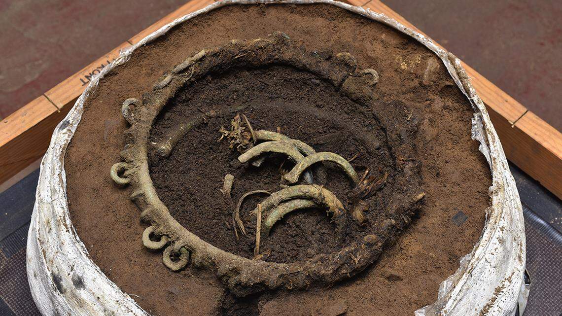 Archaeologists analyzed a bundle of Bronze Age jewelry from Rosemarkie and found plant cords wrapped around the artifacts, photos show.