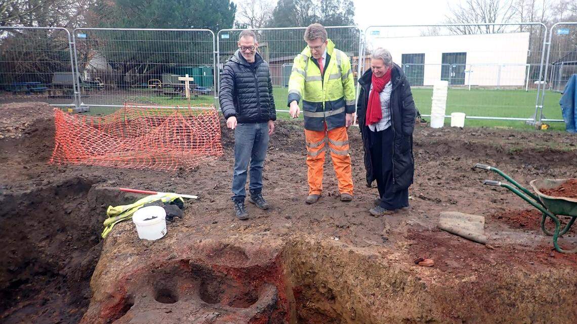 Archaeologists uncovered a large, 500-year-old kiln and pottery artifacts during construction at an elementary school, officials said.