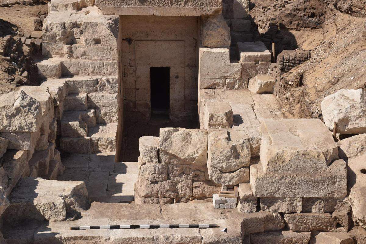The northern tower and entrance to the storage chamber as seen after excavations.