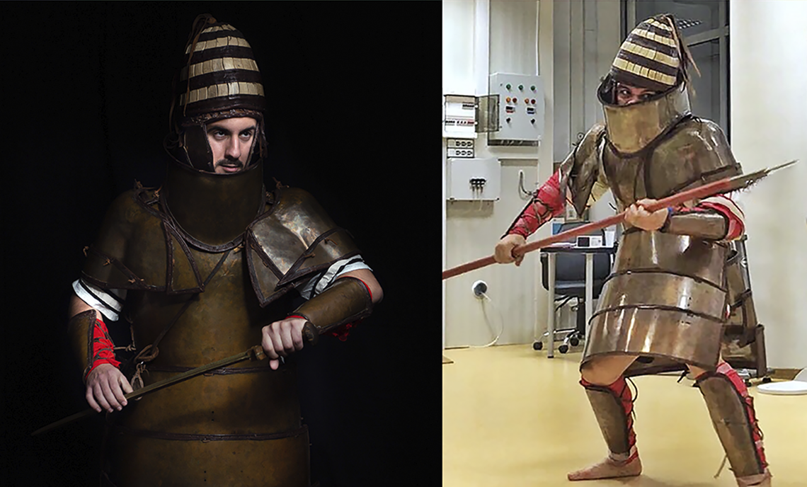 A soldier wears the ancient Greek replica armor during the experiment (right) and a photo shoot (left).