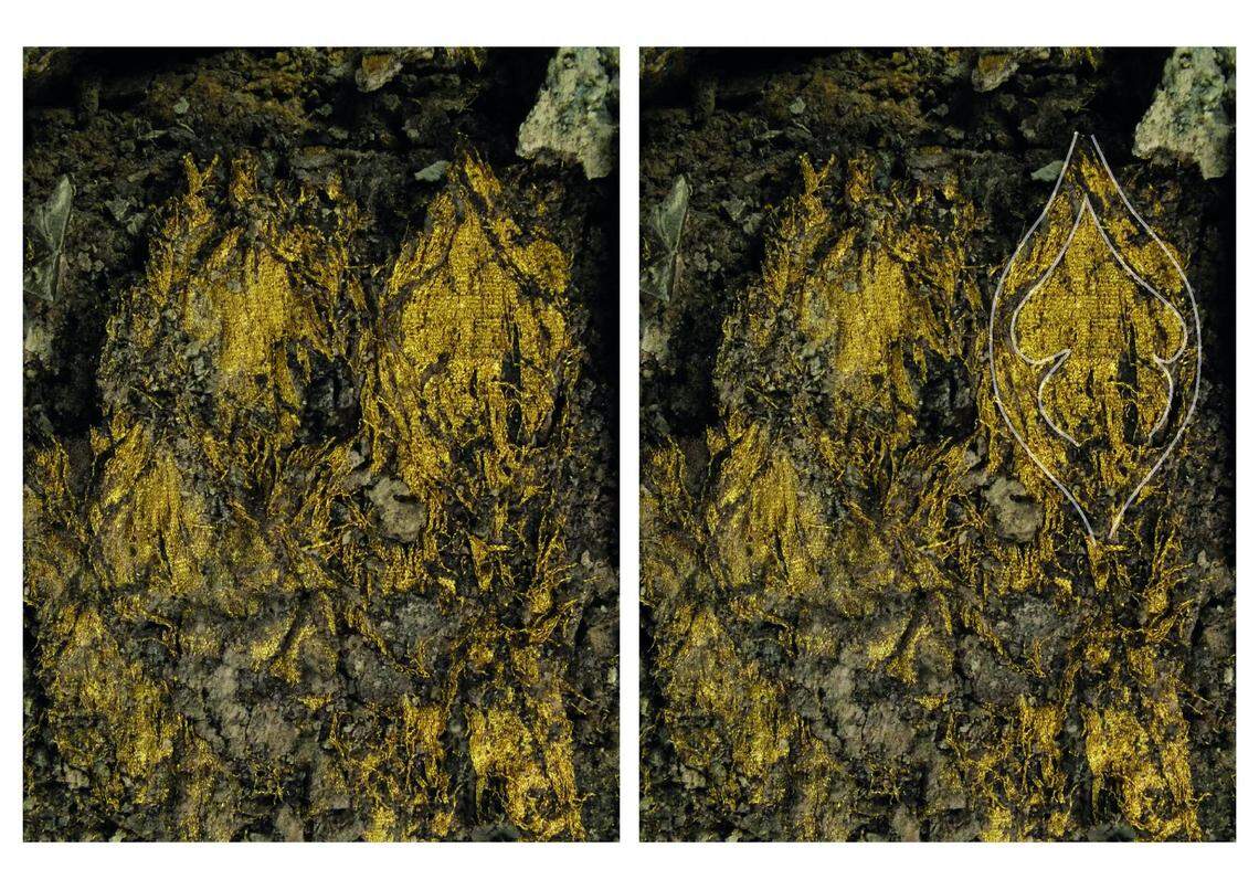 The ancient gold fabric and an outline of a possible design pattern.