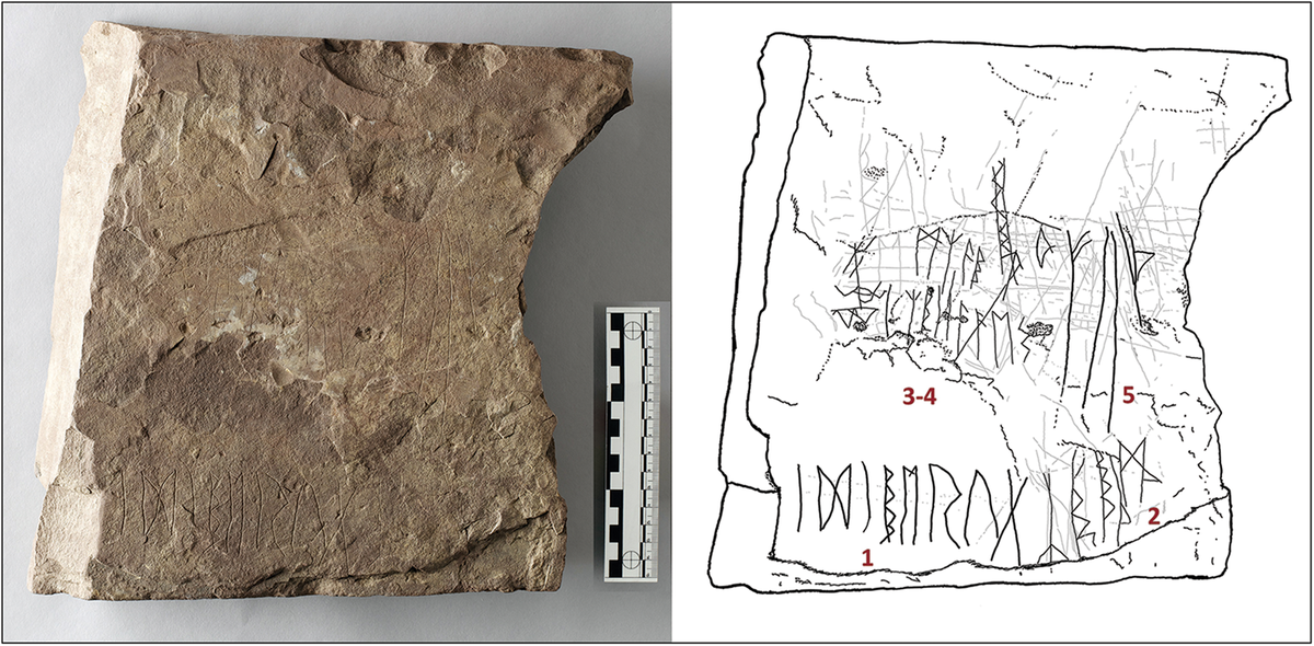 A photo and diagram show one section of the Hole rune stone.