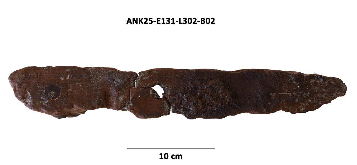 A wood fragment recovered from the Antikythera shipwreck in 2025.