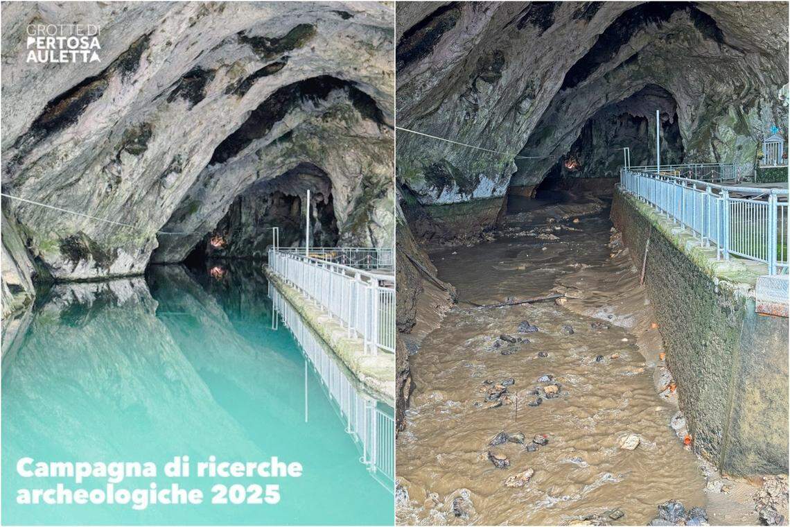 The entrance to Pertosa-Auletta Caves as seen normally (left) and during excavations (right).