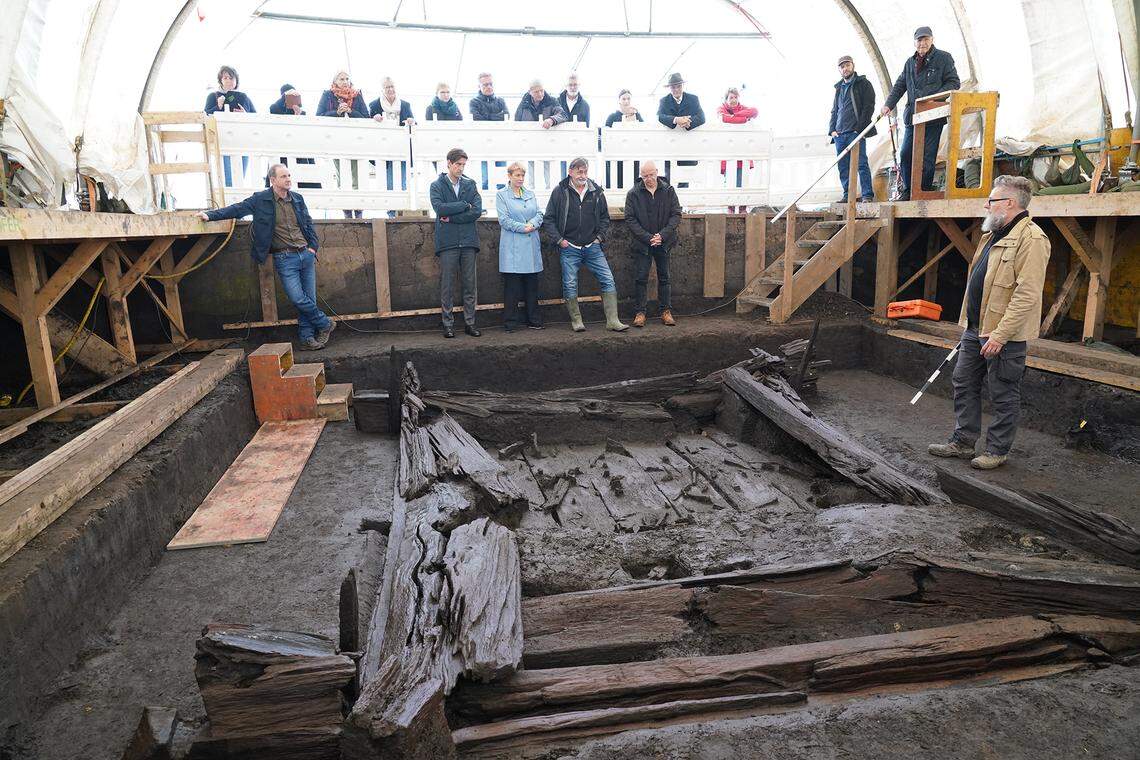 The 2,600-year-old burial chamber as seen during a news conference.