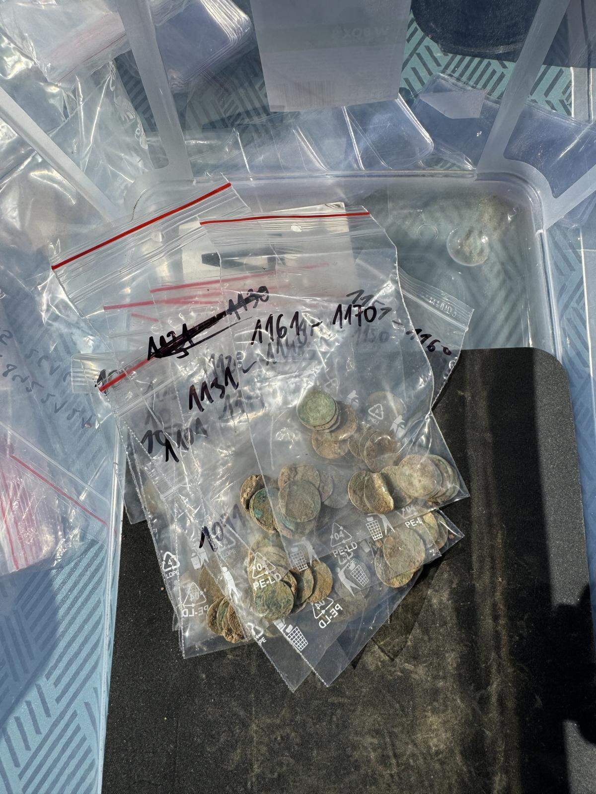Some of the 900-year-old coins in plastic bags.