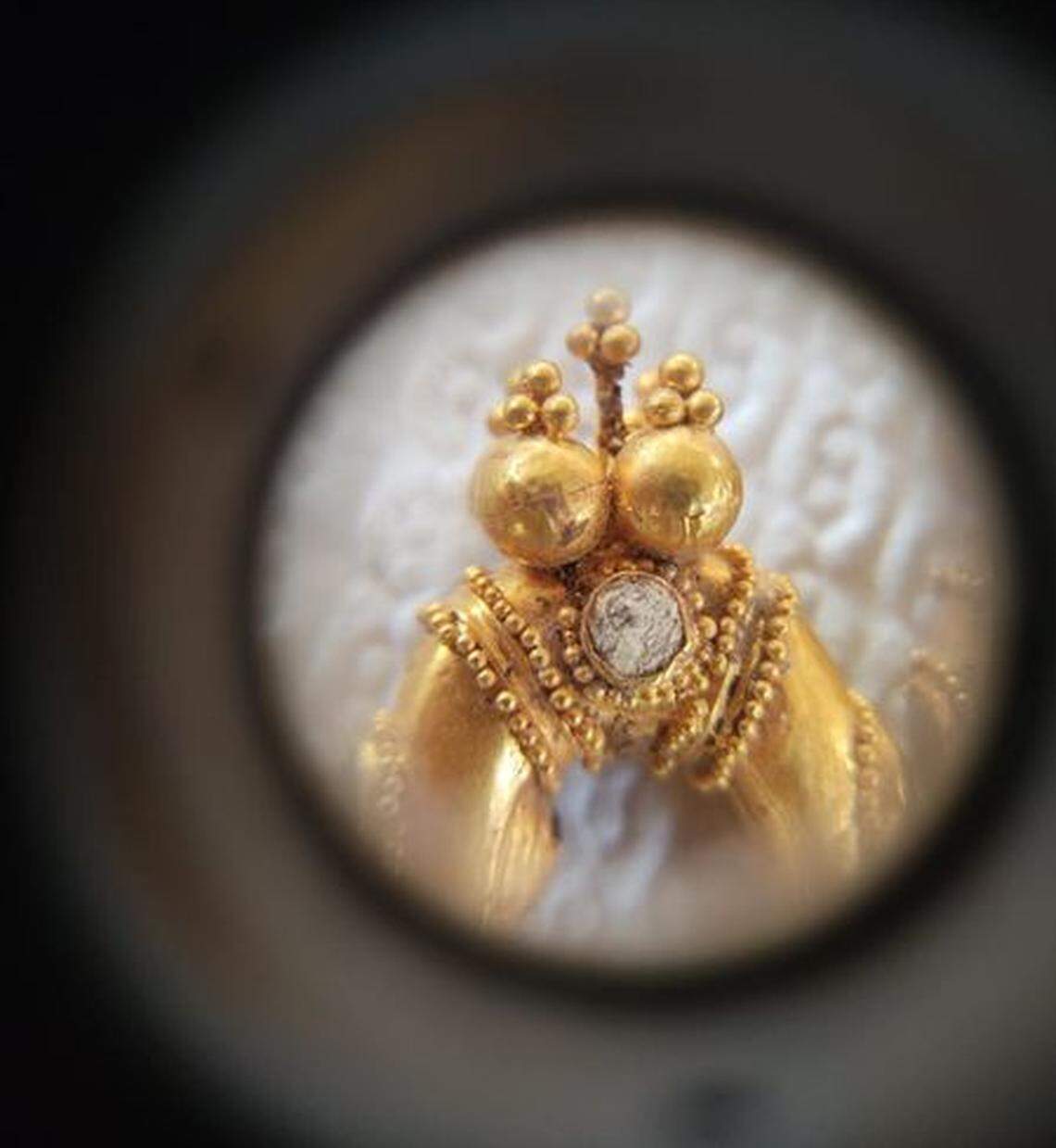 A close-up view of some gold jewelry found in the 1,600-year-old grave.