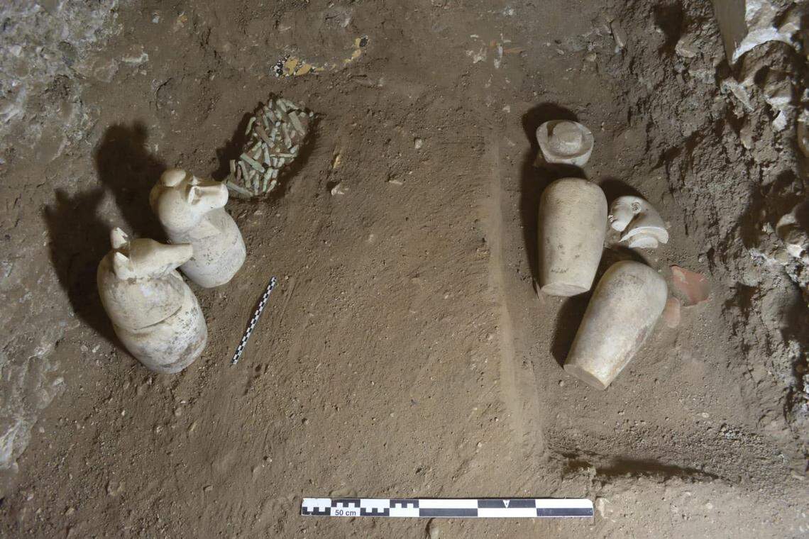 Some artifacts found inside a 2,500-year-old tomb near Ramesseum Temple.
