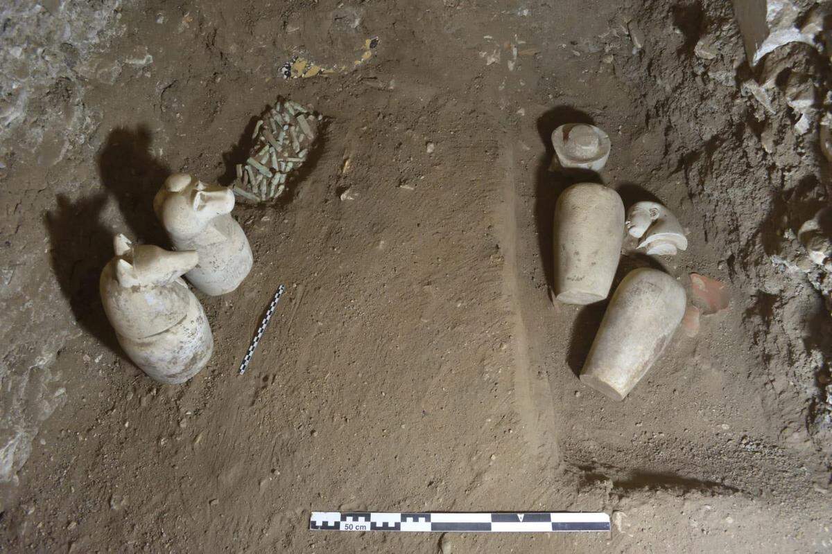 Some artifacts found inside a 2,500-year-old tomb near Ramesseum Temple.