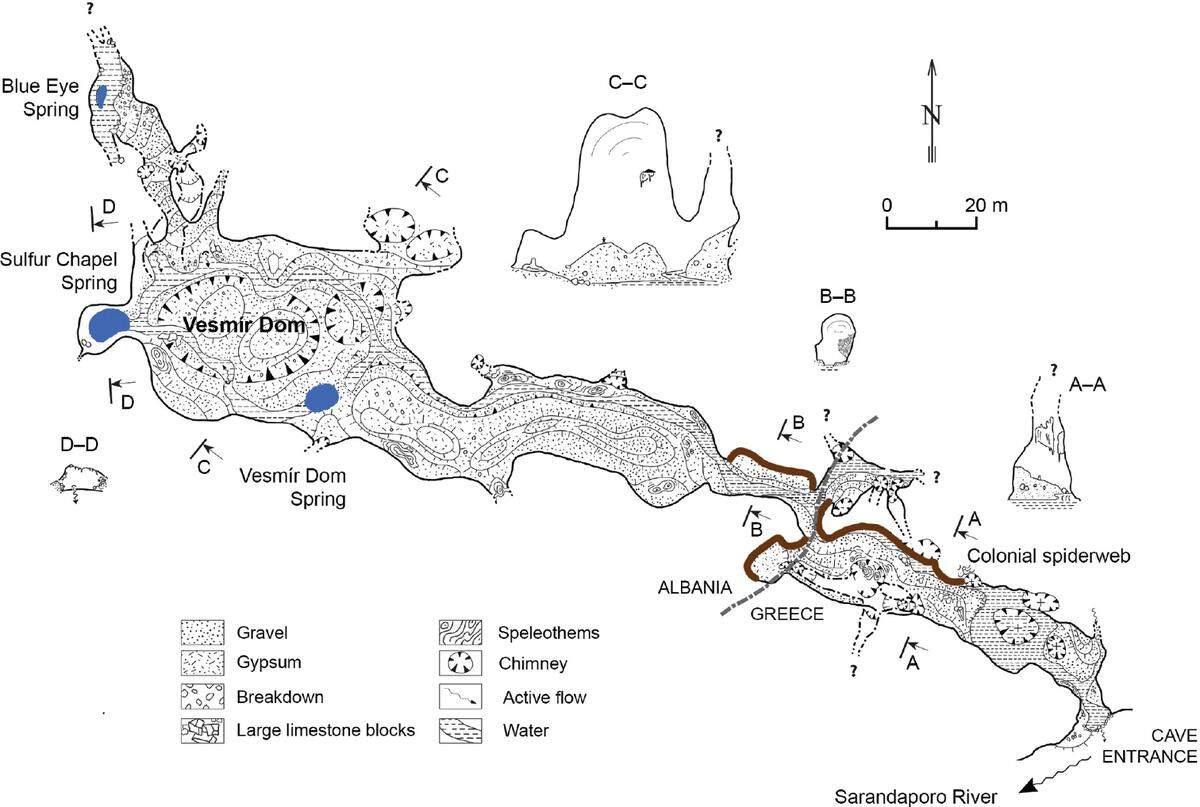 A diagram shows Sulfur Cave, including the sulfur springs (blue) and massive spider colony (brown).