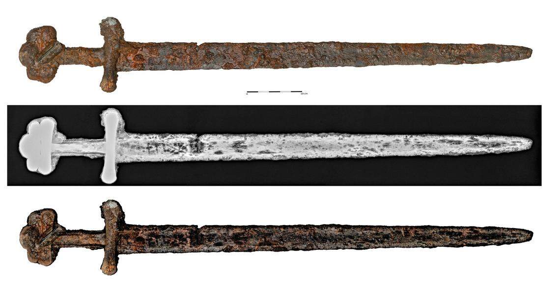 The 1,000-year-old sword as seen in full and in X-rays.