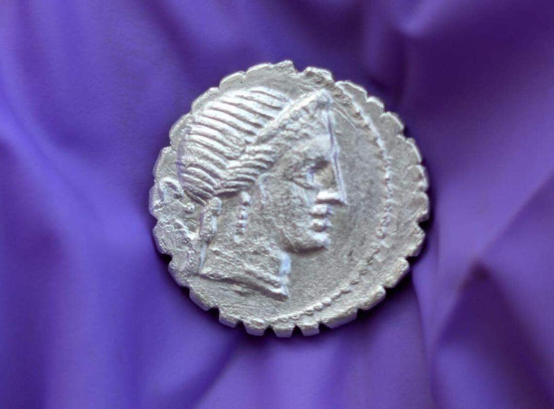 The front of an ancient Roman coin found in Pantelleria.