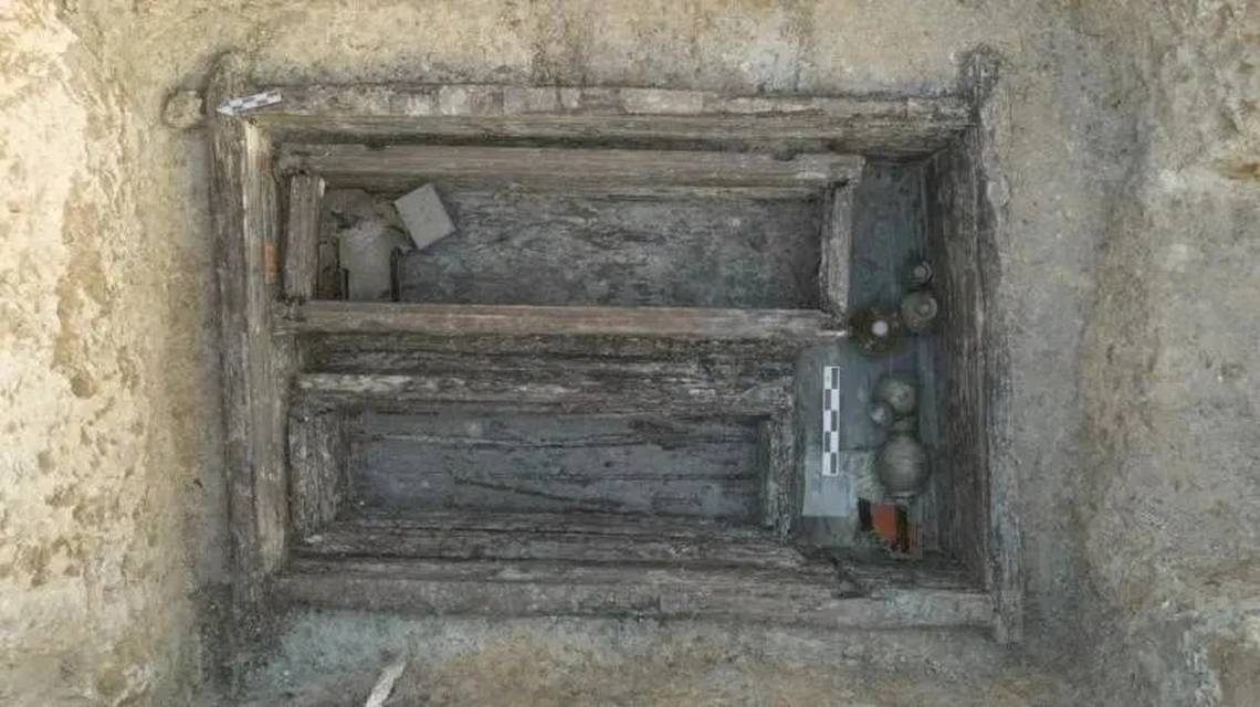 A view looking into the 1,800-year-old tomb known as M2, one of the robbed burials.