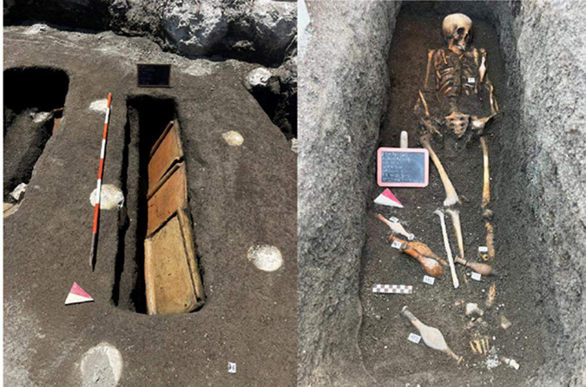 Some ancient pottery (left) and a skeleton grave (right) found during construction.