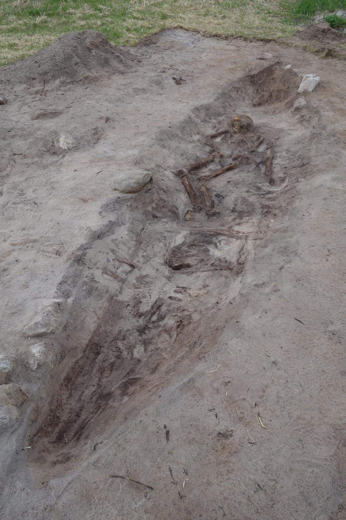 An aerial view of the 1,000-year-old Viking boat grave with the deceased buried in the center.