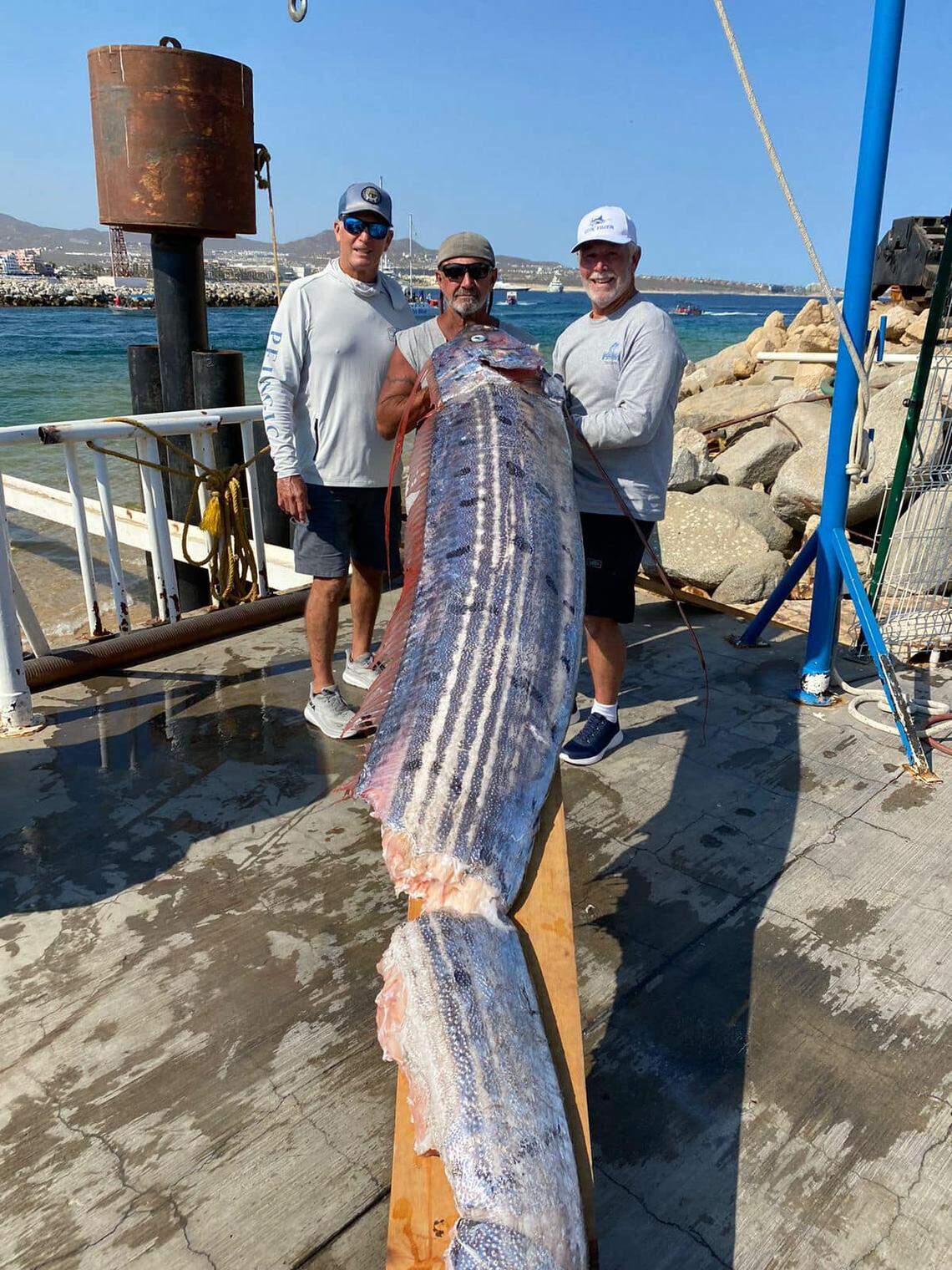 Tony Frascone, Gary Morrow and Ken (from left to right) stand next to the oarfish.