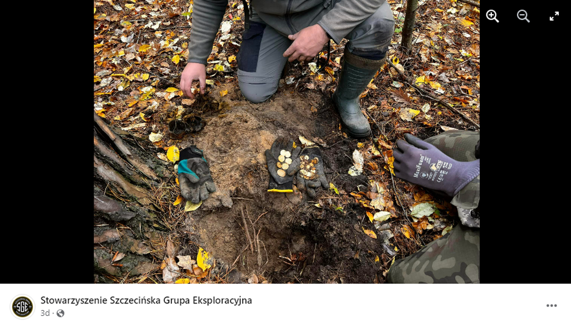 Metal detectorists searching a forest in Poland found 70 gold coins hidden inside a can. The mysterious treasure cache had U.S. dollars and rubles, photos show.