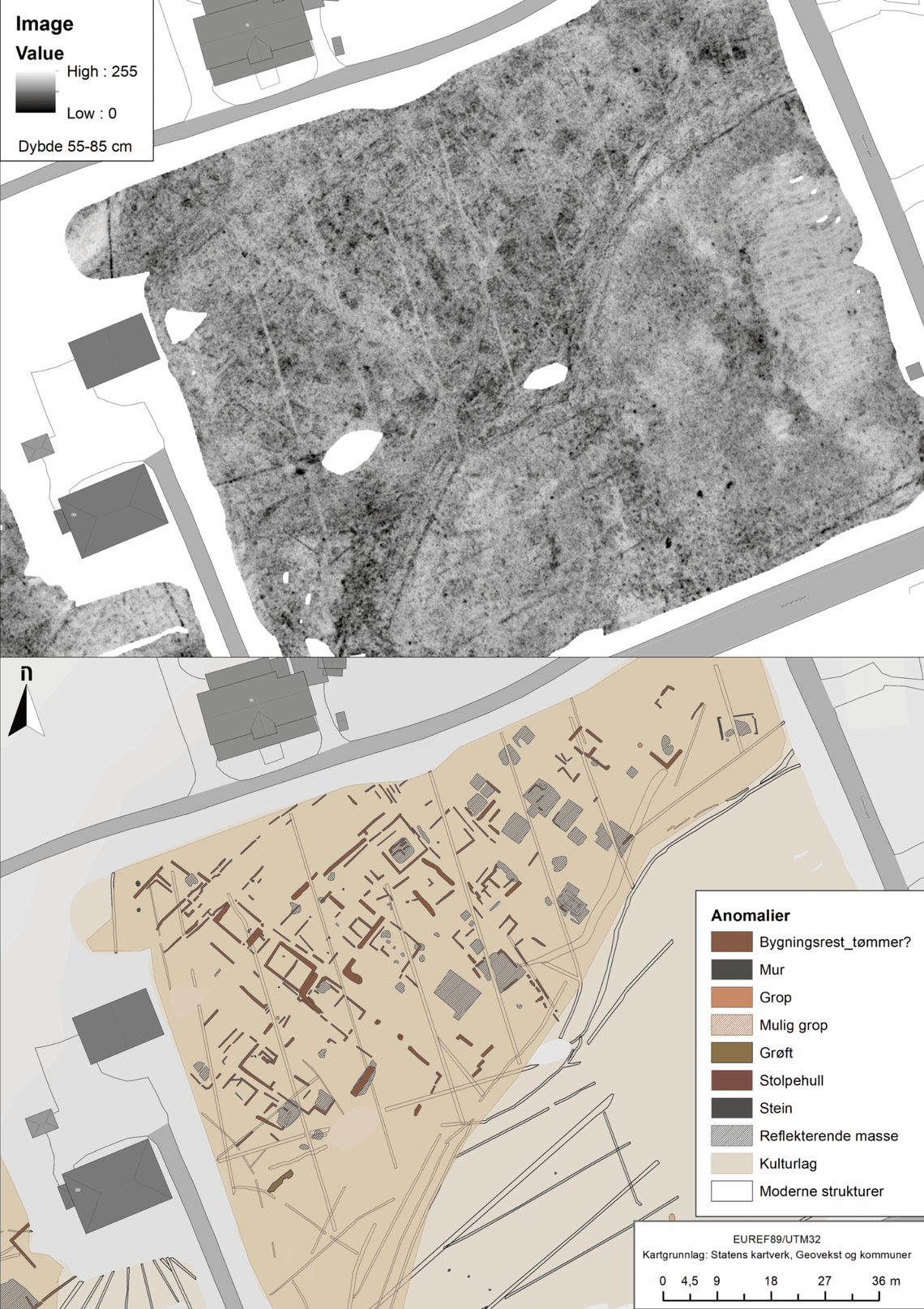 Two figures shows the radar scan (top) and the map based on it (bottom). Clusters of rectangular buildings and narrow streets are visible.