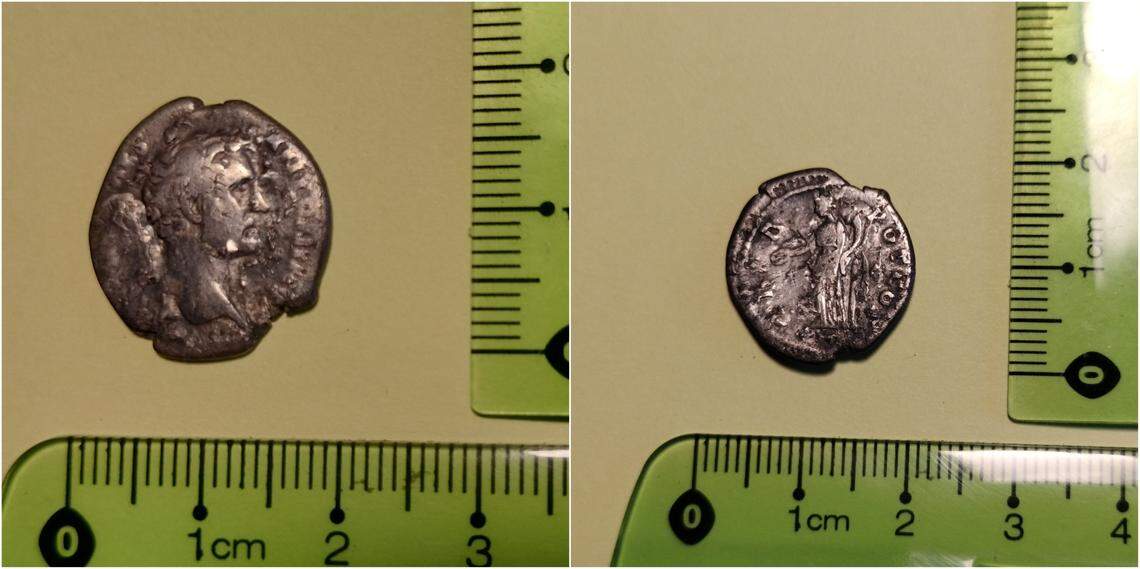 The front (left) and back (right) of a 1,800-year-old Roman coin.