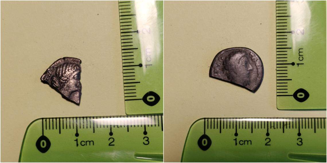 A rare ancient Roman coin with the face of an empress (left) and a cut Roman coin (right).
