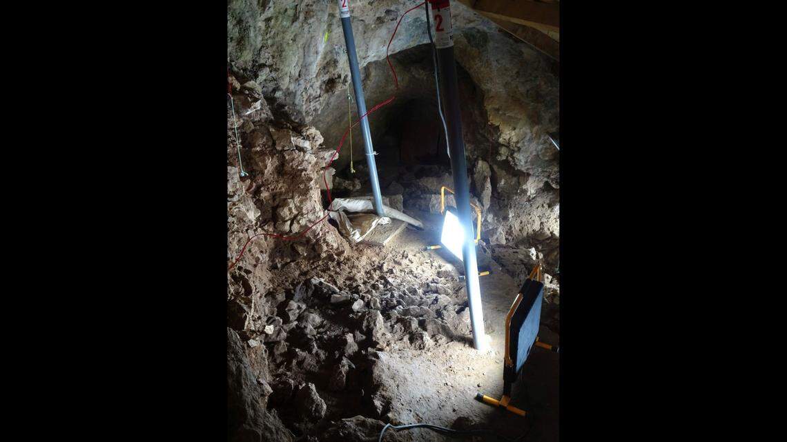 Archaeologists and students digging in Blätterhöhle cave uncovered a 9,000-year-old fireplace (above), flint arrowheads and a bone harpoon.