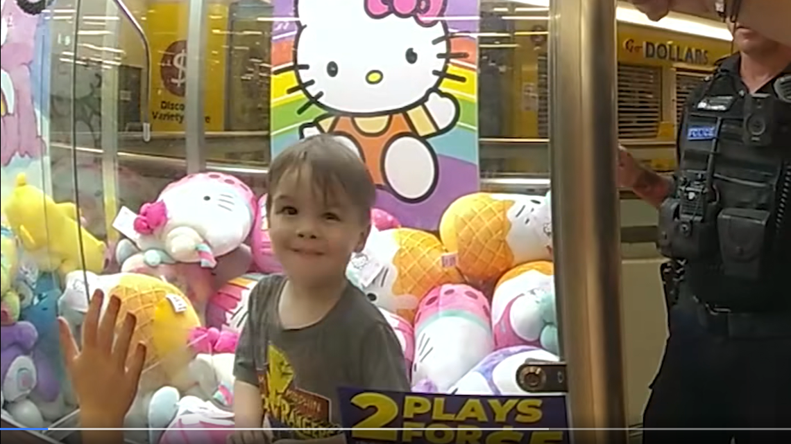 A 3-year-old in Australia climbed inside a toy machine and had the “time of his life,” his dad said. Police broke the glass to rescue him, a video shows.