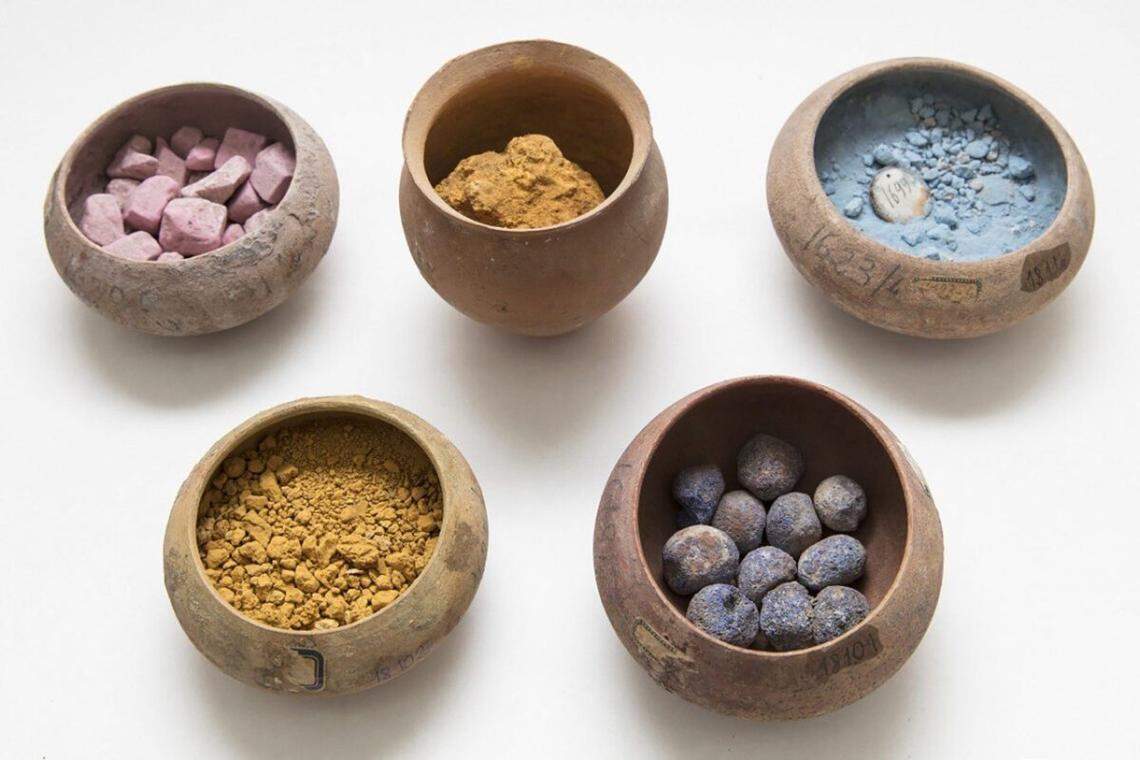 Some pots of paint pigment found at Pompeii.
