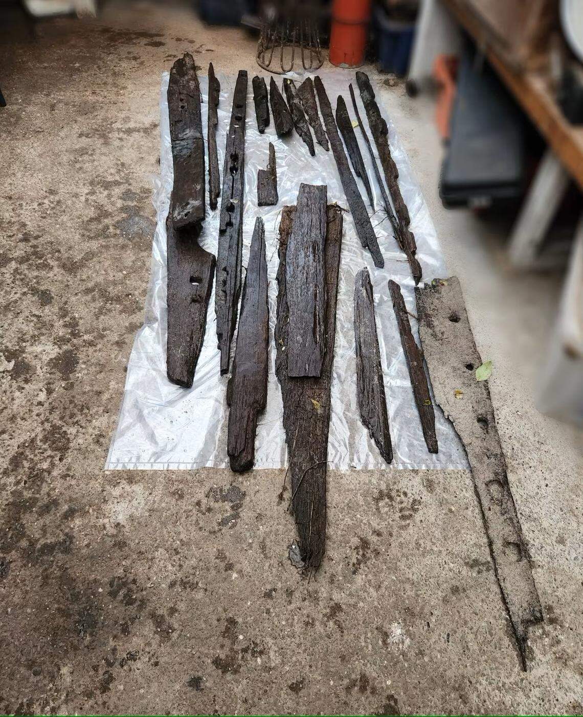 Fragments of the historic canoe, or waka, found in the Chatham Islands.