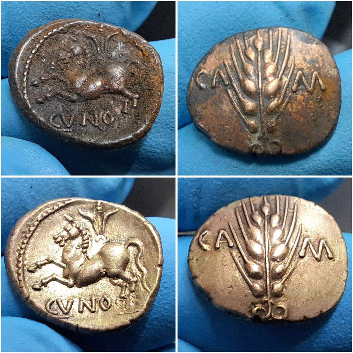 An ancient British coin found in Bunnik before and after being cleaned.