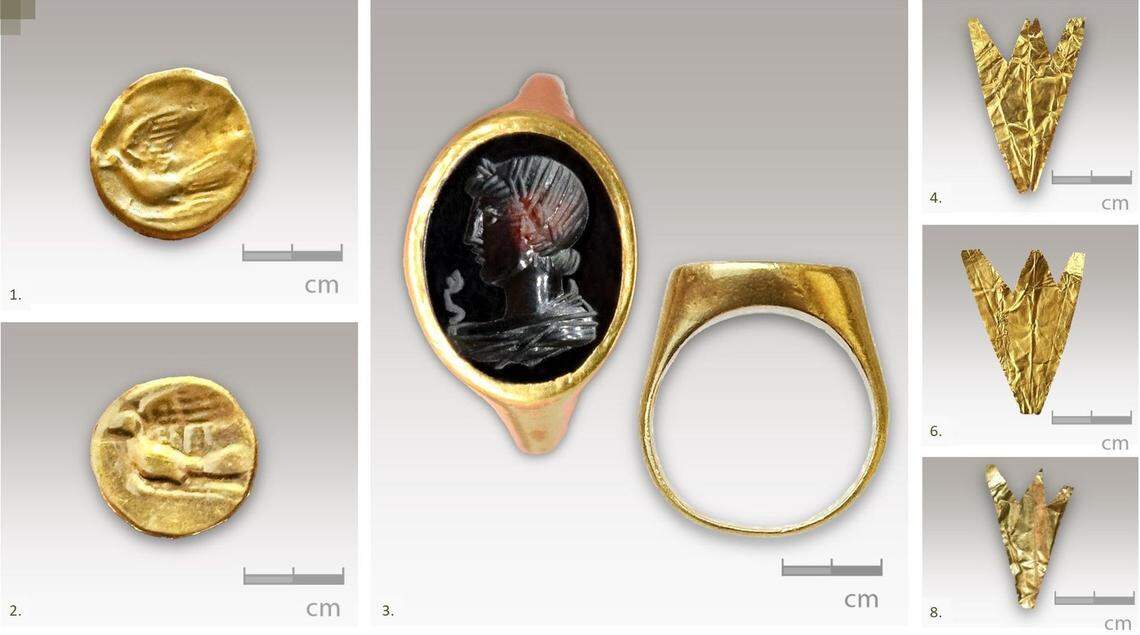 Some gold artifacts found inside the 2,400-year-old tomb.